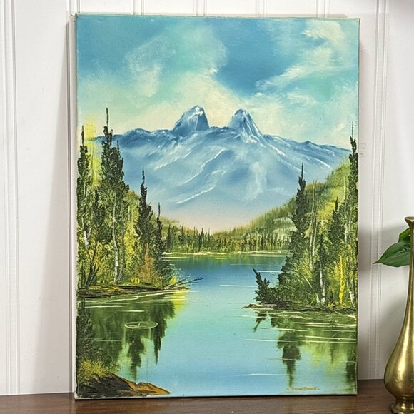 Vintage Thelma Stobie Oil Painting Lake & Mountain Landscape Canadian Nature Art - Picture 1 of 12